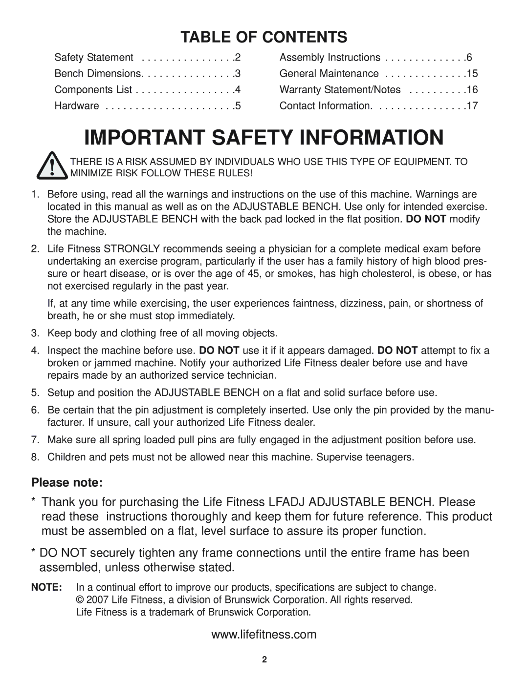 Life Fitness LFADJ manual Important Safety Information, Table of Contents 