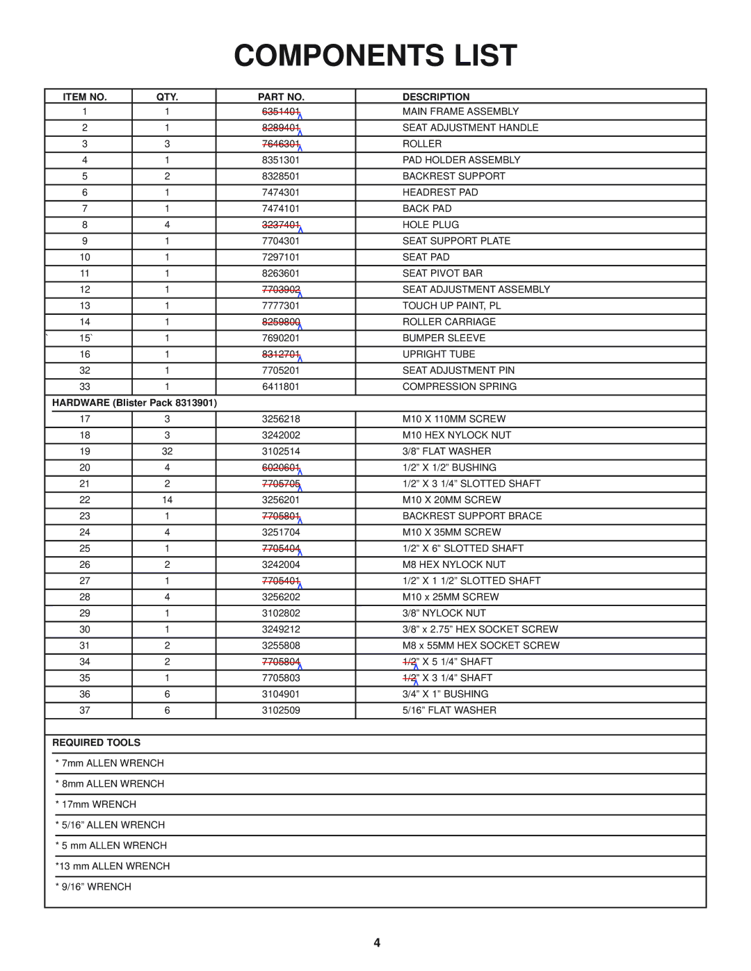 Life Fitness LFADJ manual Components List, Item no QTY Description 