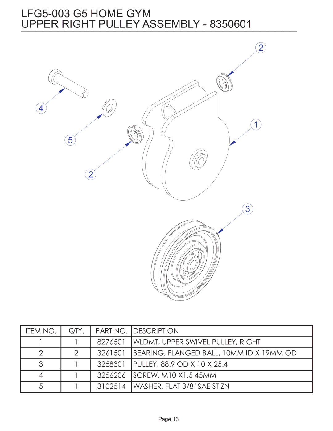 Life Fitness manual LFG5-003 G5 Home GYM Upper Right Pulley Assembly 