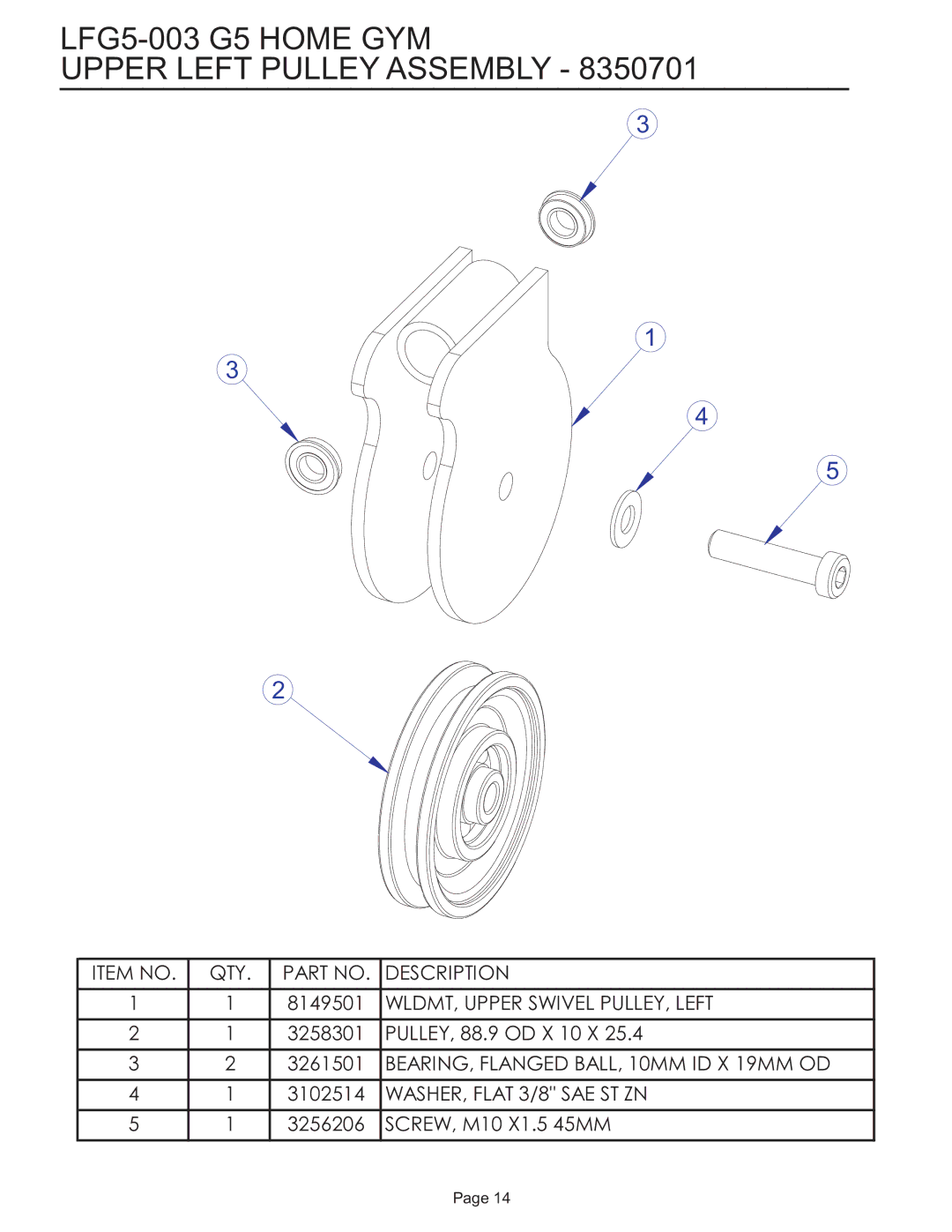 Life Fitness manual LFG5-003 G5 Home GYM Upper Left Pulley Assembly 