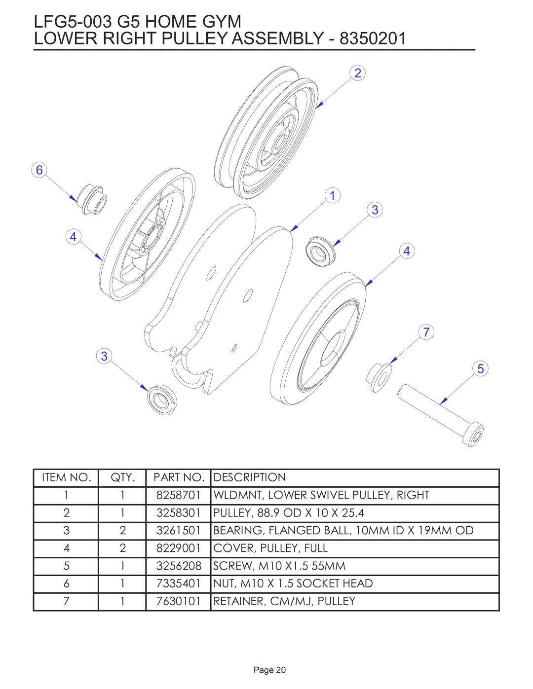 Life Fitness manual LFG5-003 G5 Home GYM Lower Right Pulley Assembly 