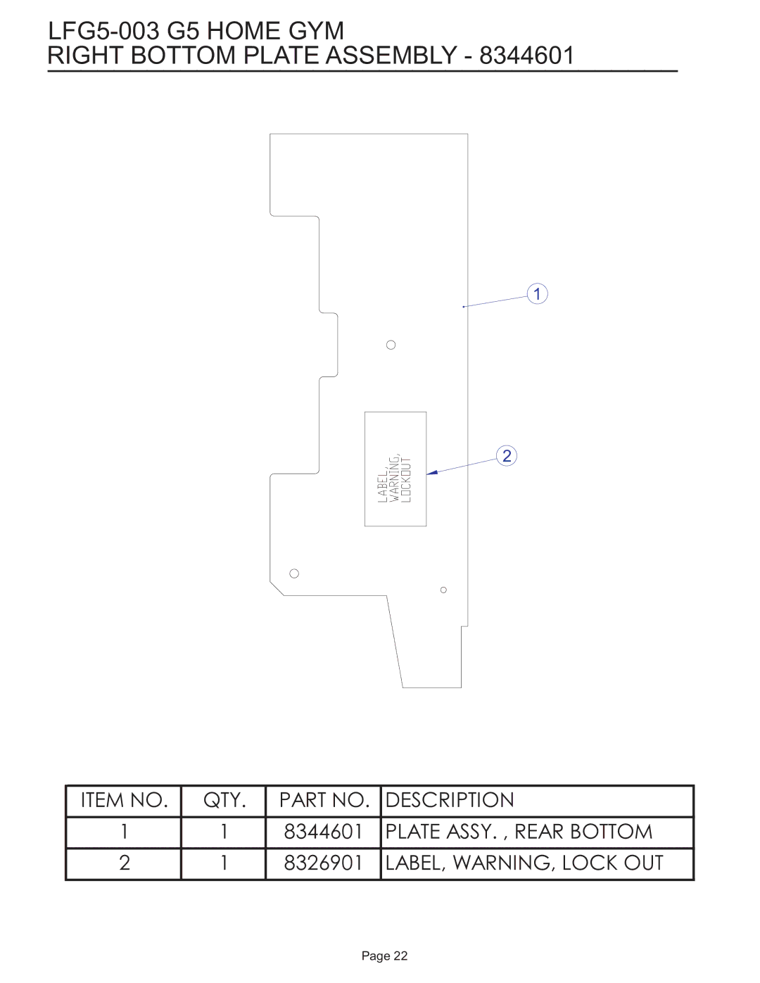 Life Fitness manual LFG5-003 G5 Home GYM Right Bottom Plate Assembly 