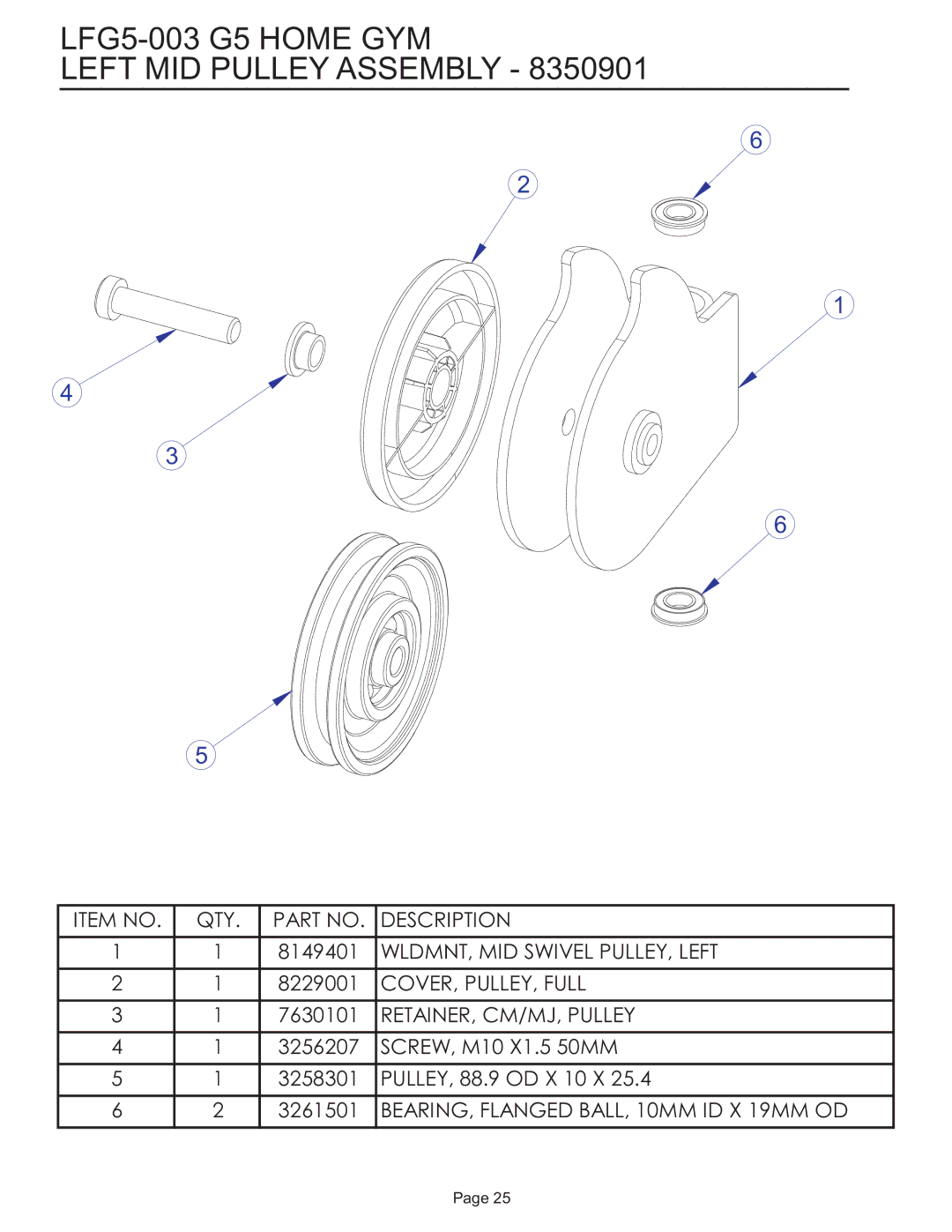 Life Fitness manual LFG5-003 G5 Home GYM Left MID Pulley Assembly 