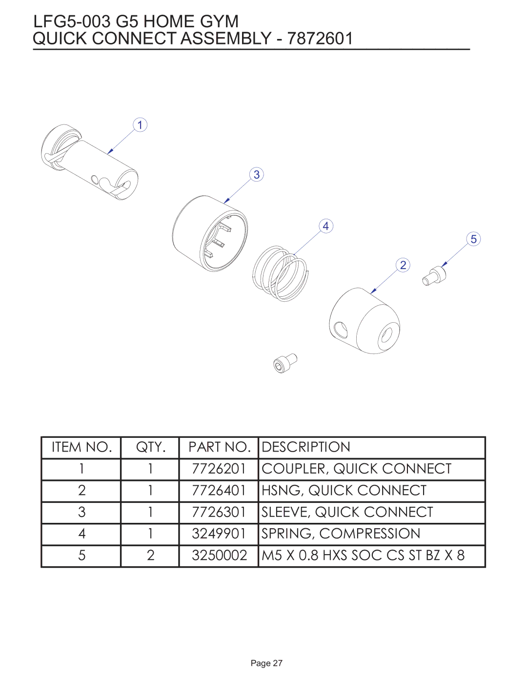 Life Fitness manual LFG5-003 G5 Home GYM Quick Connect Assembly 