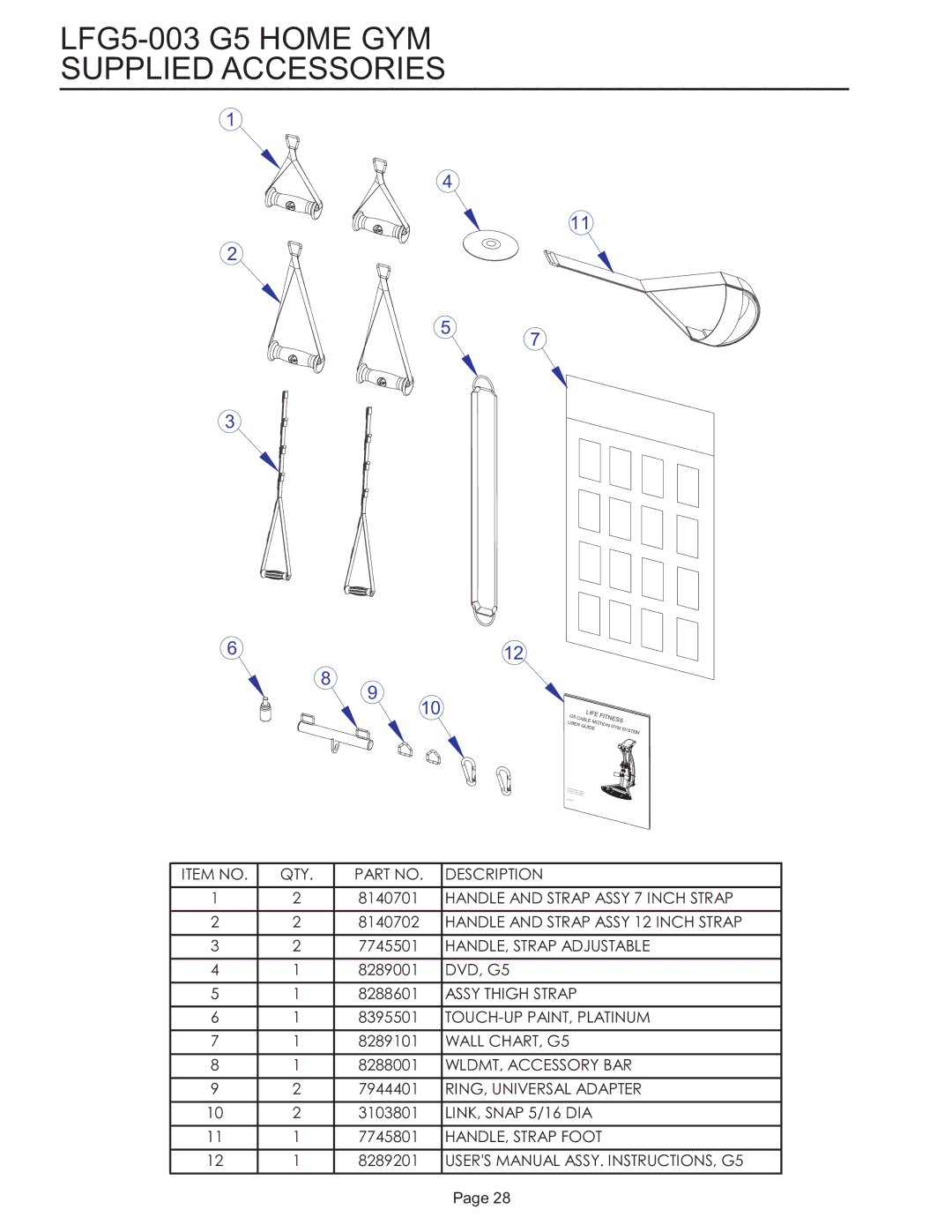 Life Fitness manual LFG5-003 G5 Home GYM Supplied Accessories 