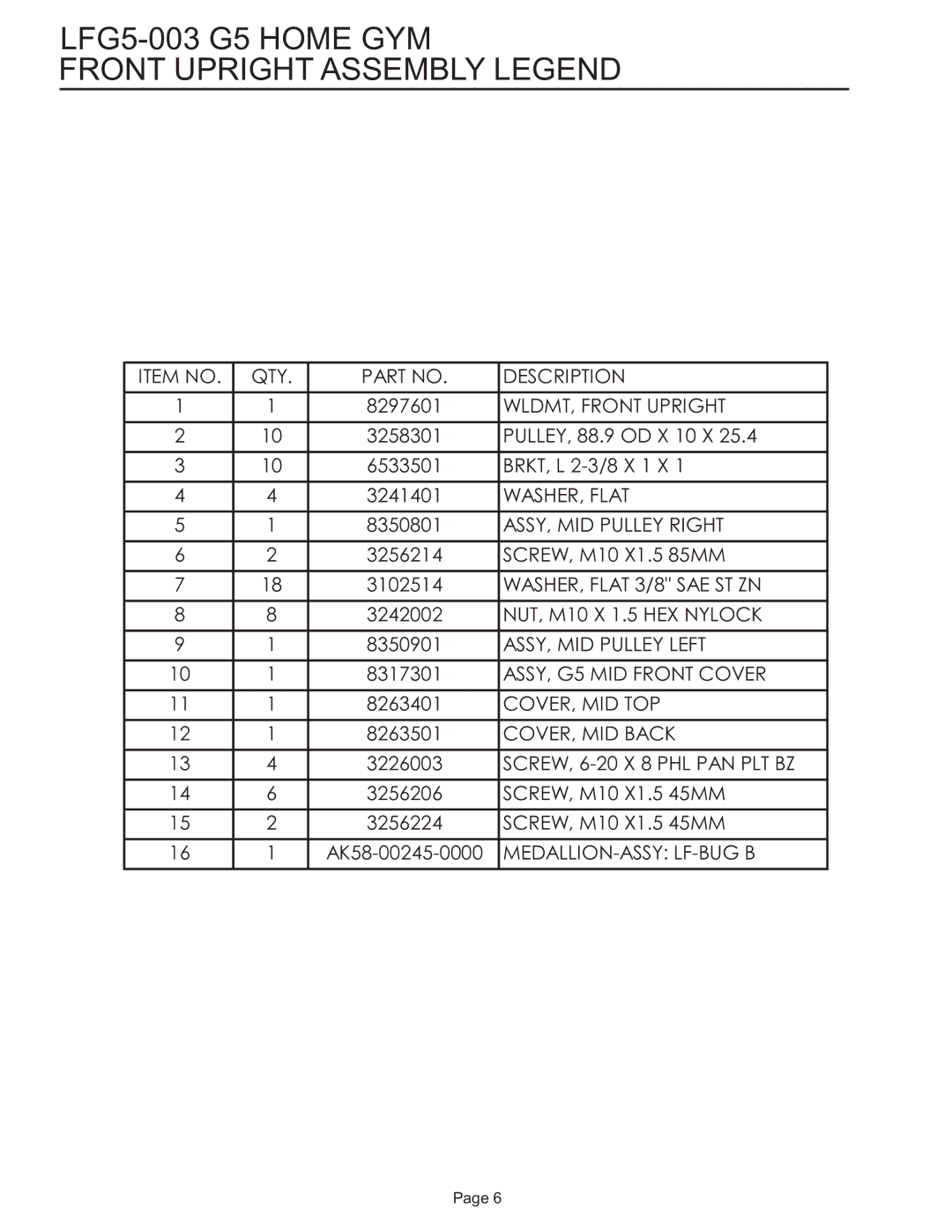 Life Fitness manual LFG5-003 G5 Home GYM Front Upright Assembly Legend 