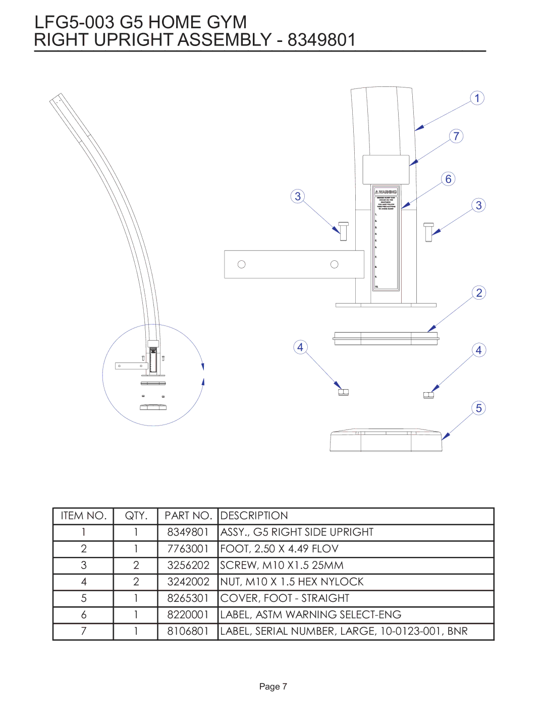 Life Fitness manual LFG5-003 G5 Home GYM Right Upright Assembly 