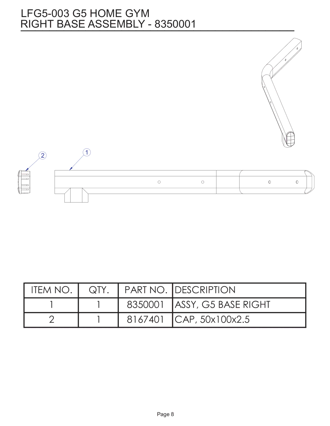 Life Fitness manual LFG5-003 G5 Home GYM Right Base Assembly 