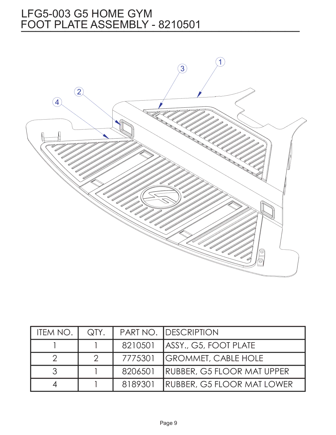 Life Fitness manual LFG5-003 G5 Home GYM Foot Plate Assembly 