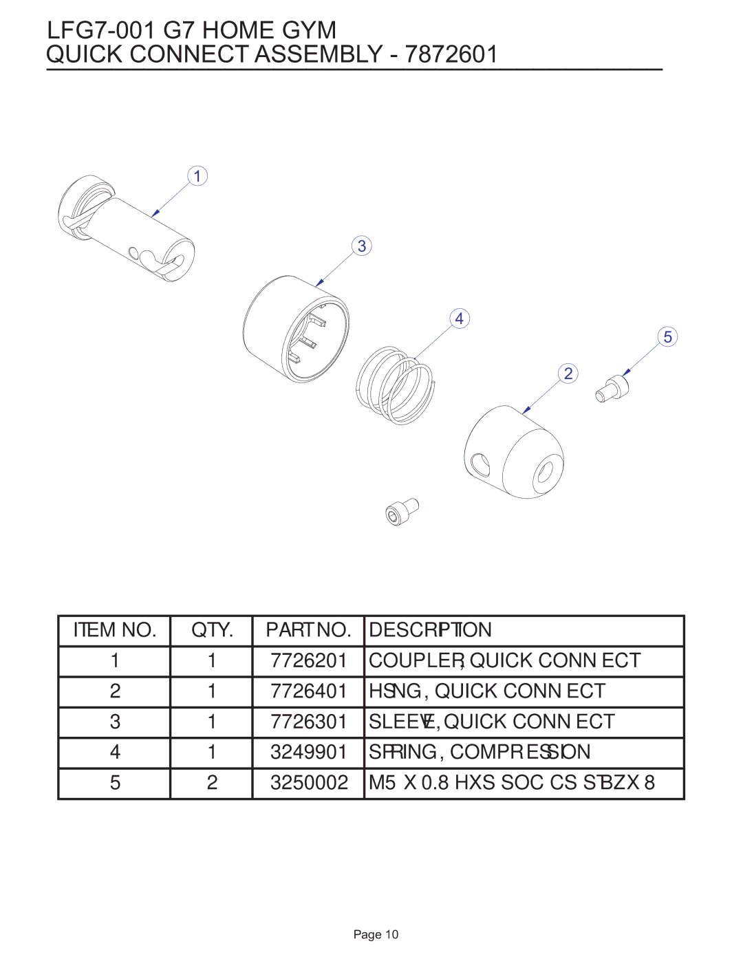 Life Fitness g7 manual LFG7-001 G7 Home GYM Quick Connect Assembly 