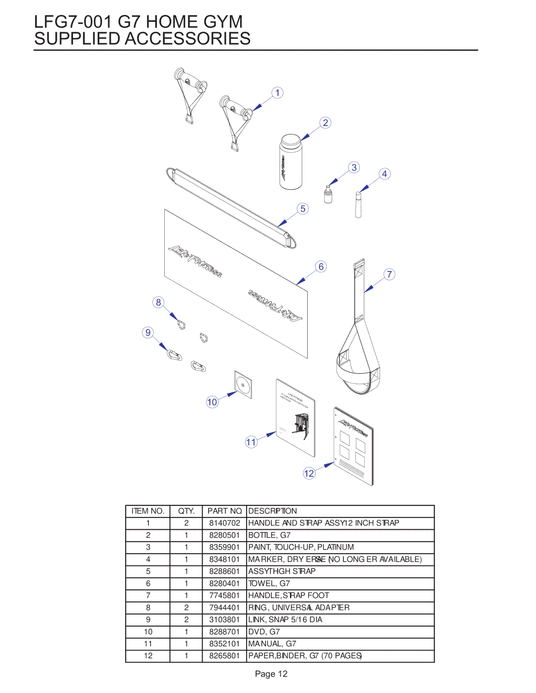 Life Fitness g7 manual LFG7-001 G7 Home GYM Supplied Accessories 