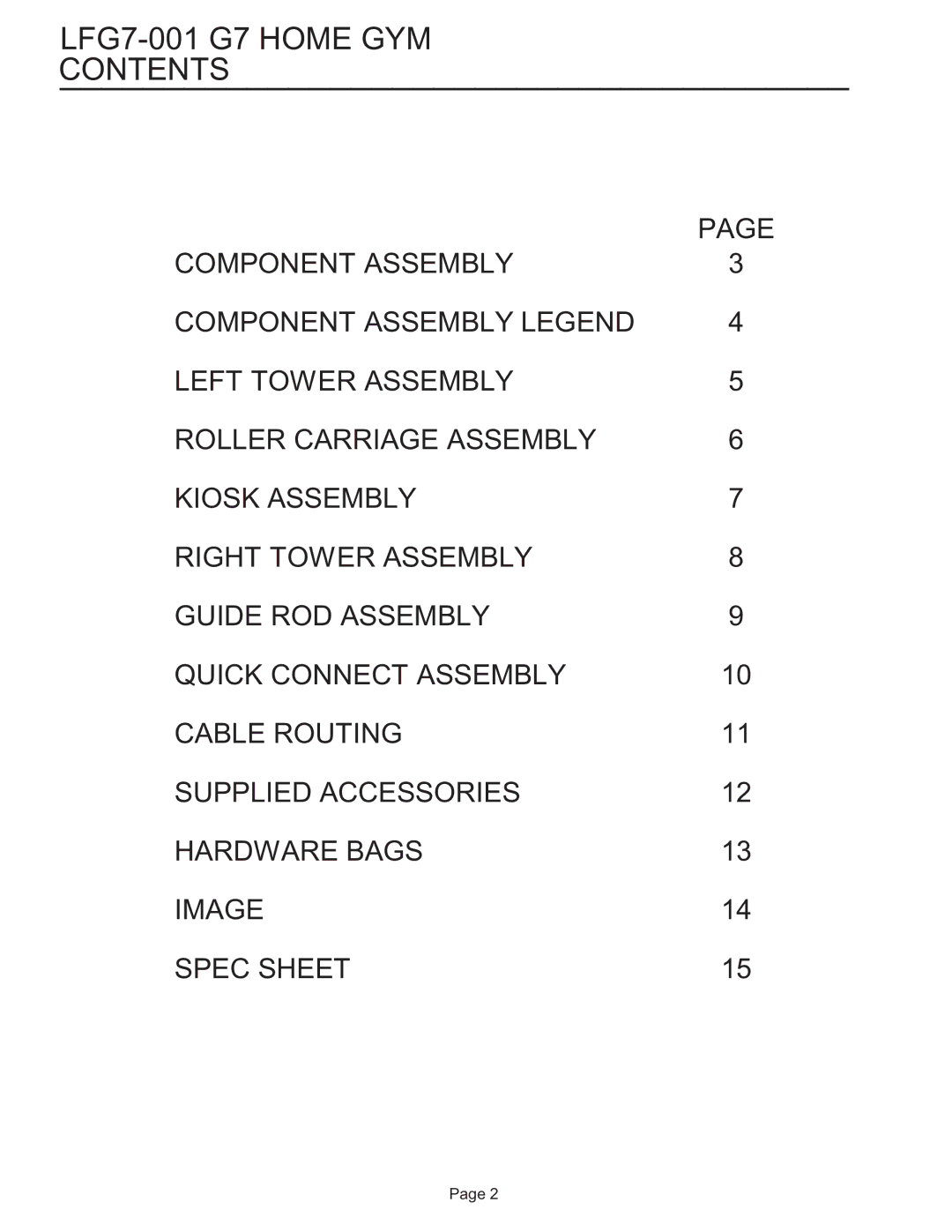 Life Fitness g7 manual LFG7-001 G7 Home GYM Contents 