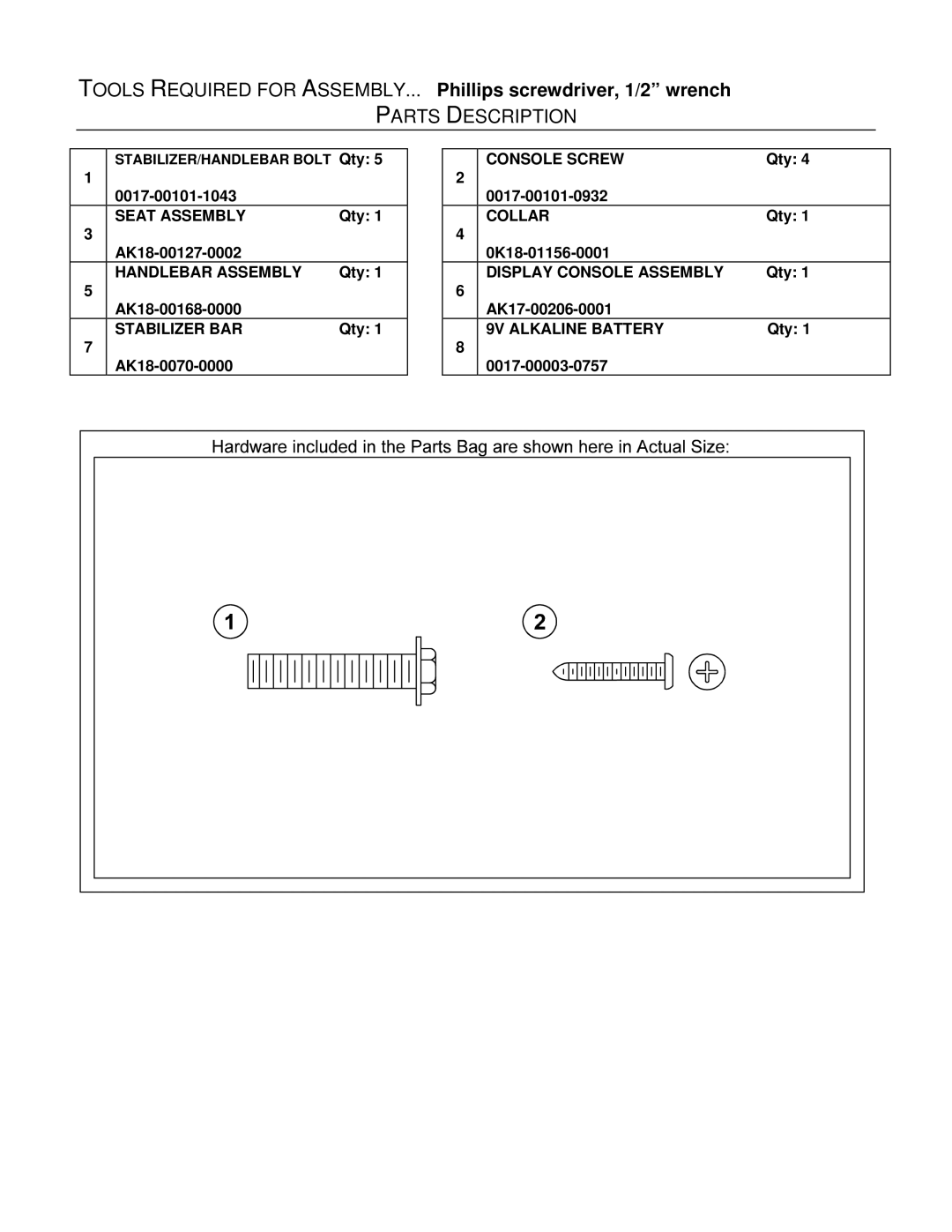 Life Fitness Lifecycle 8500 installation instructions Parts Description 