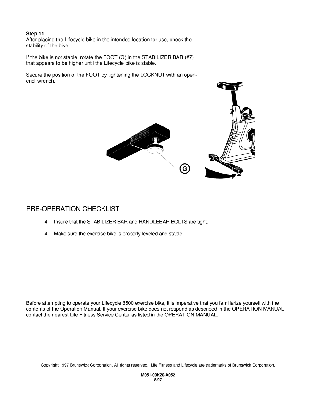 Life Fitness Lifecycle 8500 installation instructions PRE-OPERATION Checklist 