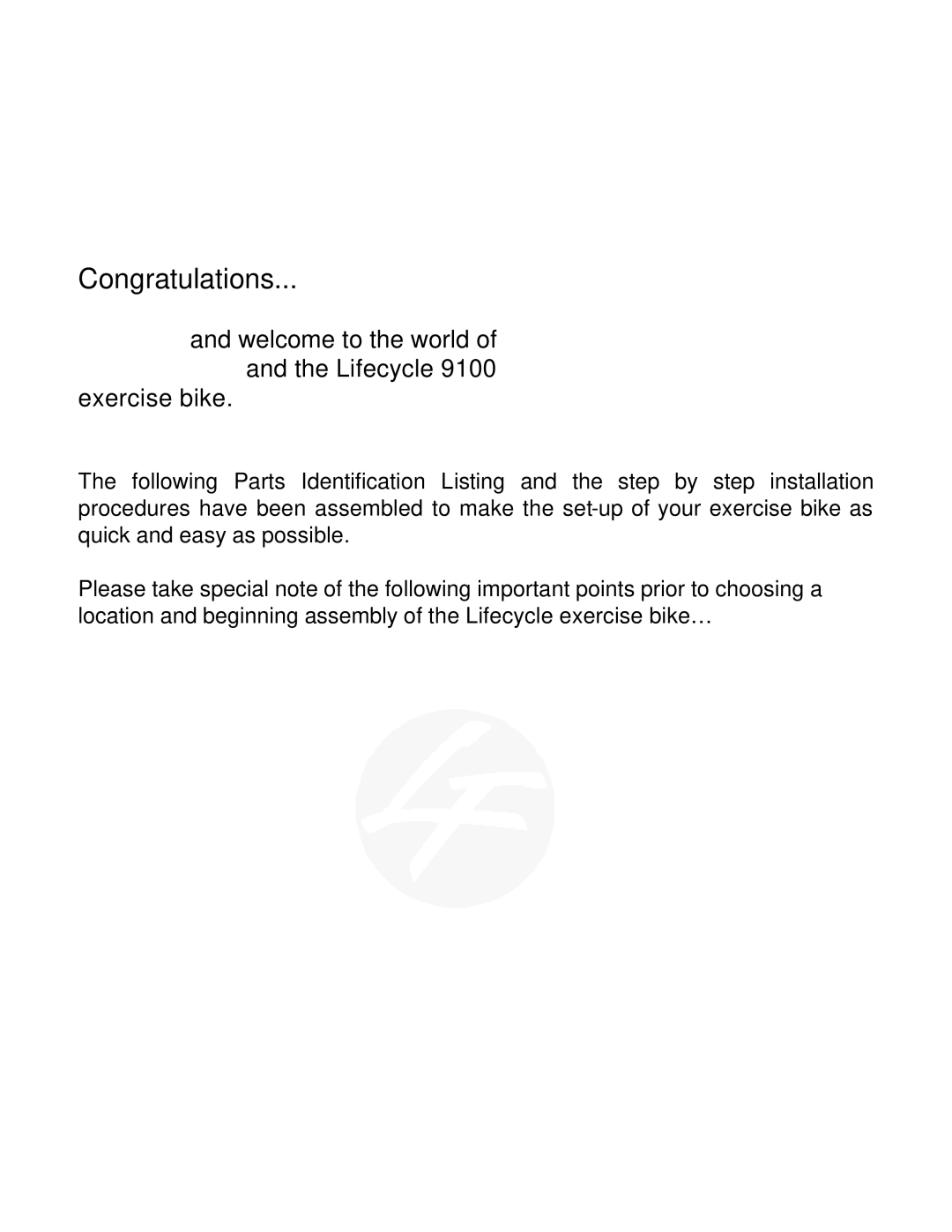 Life Fitness Lifecycle 9100 installation instructions Congratulations 