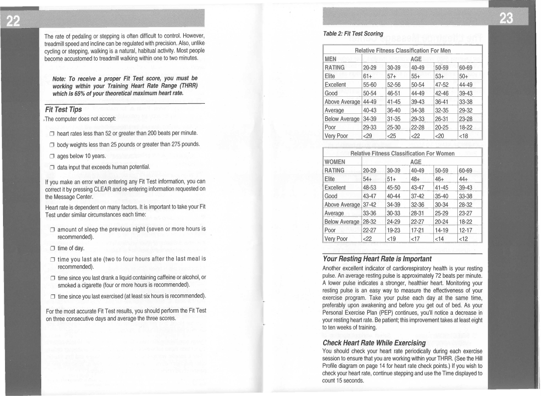 Life Fitness Lifestride 5500 manual Fit Test Tips, Your Resting Heart Rate is Important, Above Average, Below Averaae 