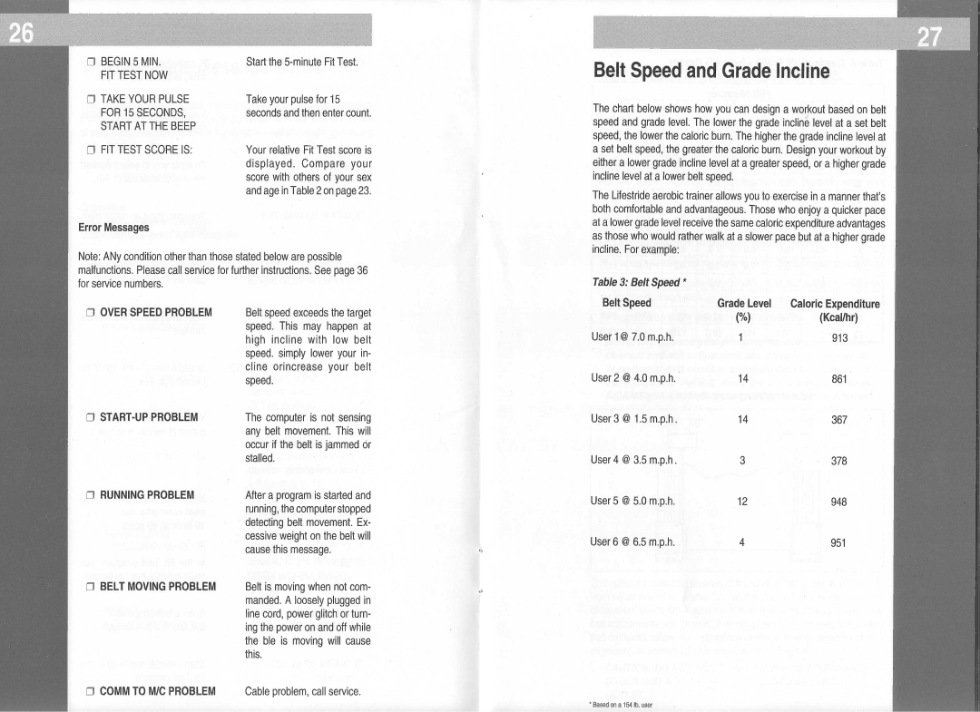 Life Fitness Lifestride 5500 manual Belt Speed and Grade Incline, BeltSpeed, Kcal/hr, 913, User 2 @ 4.0 m.p.h 861 