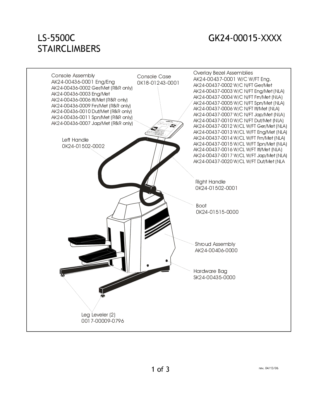 Life Fitness LS-5500C manual Stairclimbers, Left Handle 0K24-01502-0002, Console Assembly AK24-00436-0001 Eng/Eng 