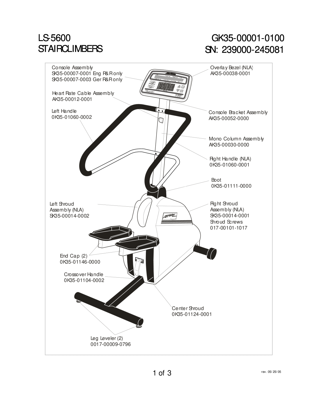 Life Fitness LS-5600 manual Stairclimbers, GK35-00001-0100, 1 of 