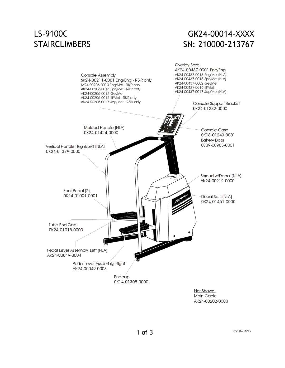 Life Fitness LS-9100C manual Stairclimbers, GK24-00014-XXXX, Console Assembly SK24-00211-0001 Eng/Eng R&R only 