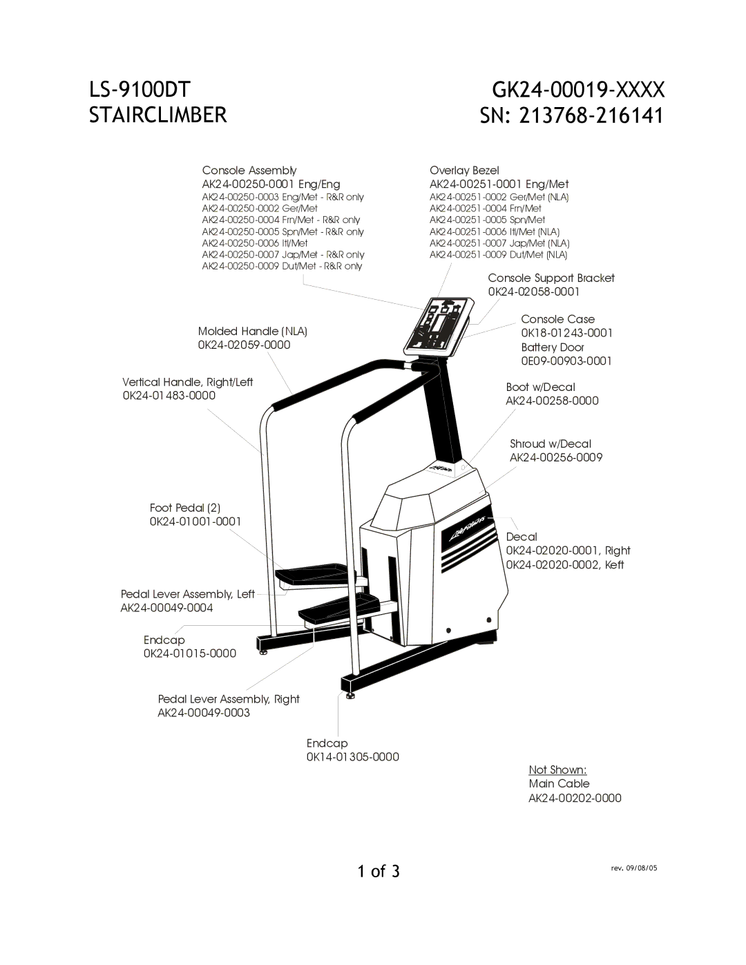 Life Fitness LS-9100DT manual Stairclimber, GK24-00019-XXXX SN, Console Assembly AK24-00250-0001 Eng/Eng 