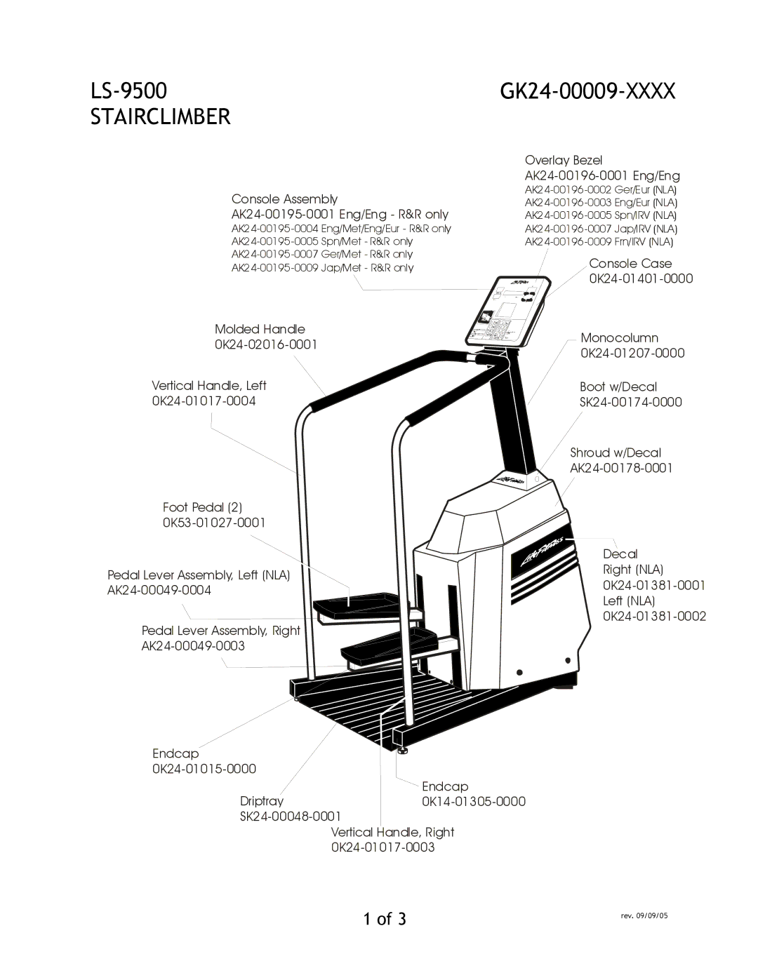 Life Fitness LS-9500 manual Stairclimber, Overlay Bezel, Console Assembly AK24-00195-0001 Eng/Eng R&R only 