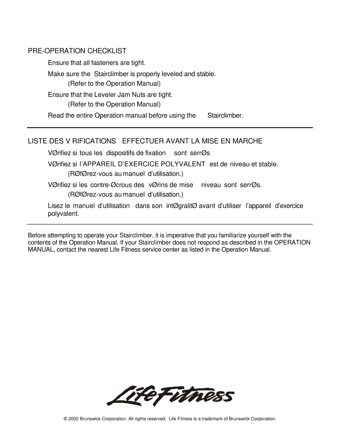 Life Fitness LS8500 manual PRE-OPERATION Checklist 