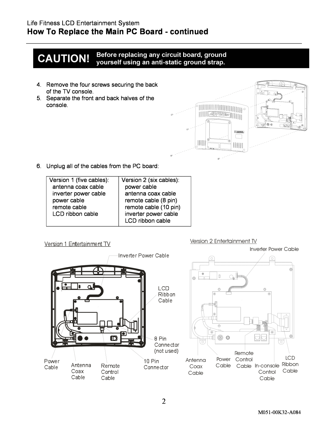Life Fitness M051-00K32-A084 manual How To Replace the Main PC Board - continued, Life Fitness LCD Entertainment System 