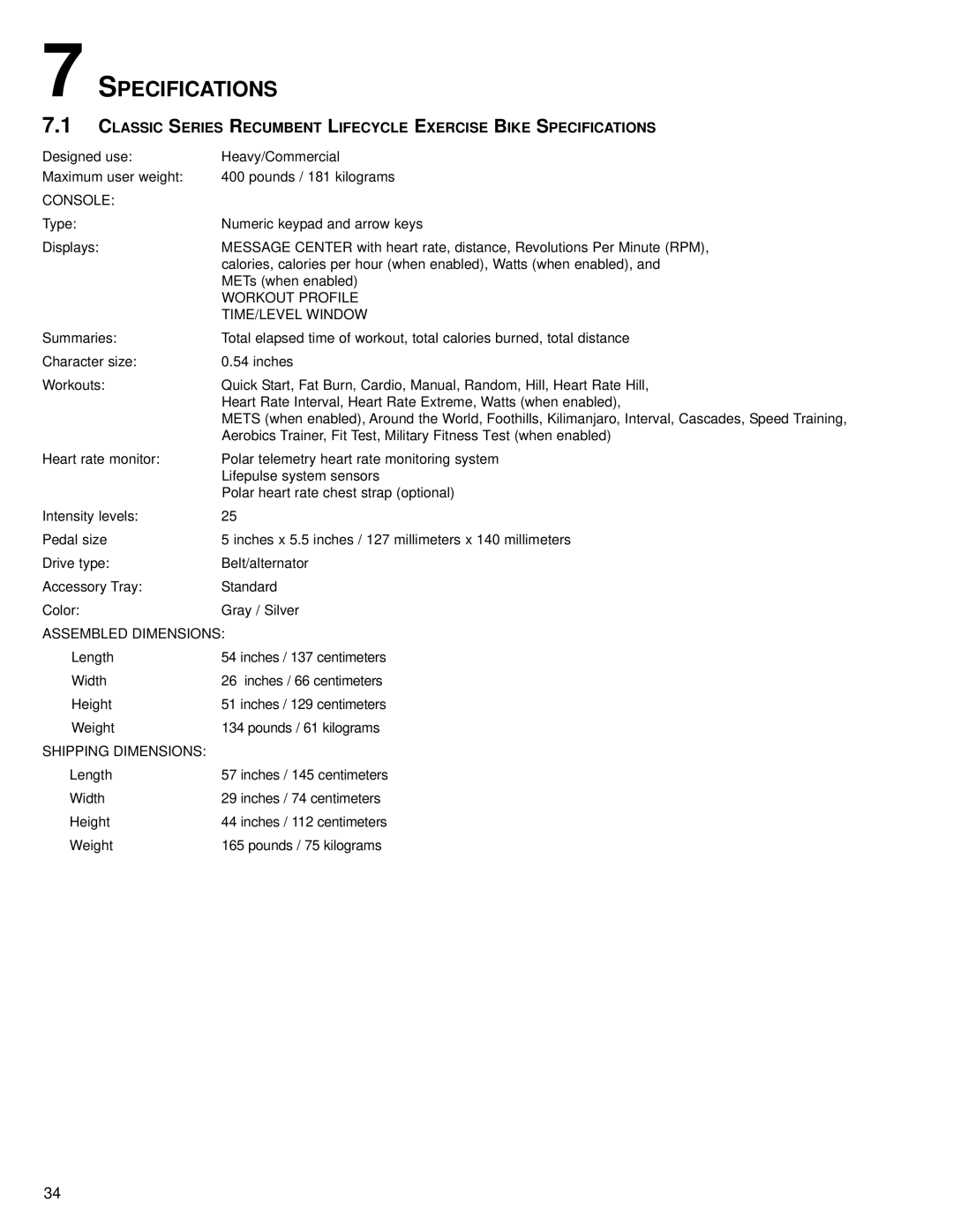 Life Fitness M051-00K39-A167 operation manual Specifications, Console 