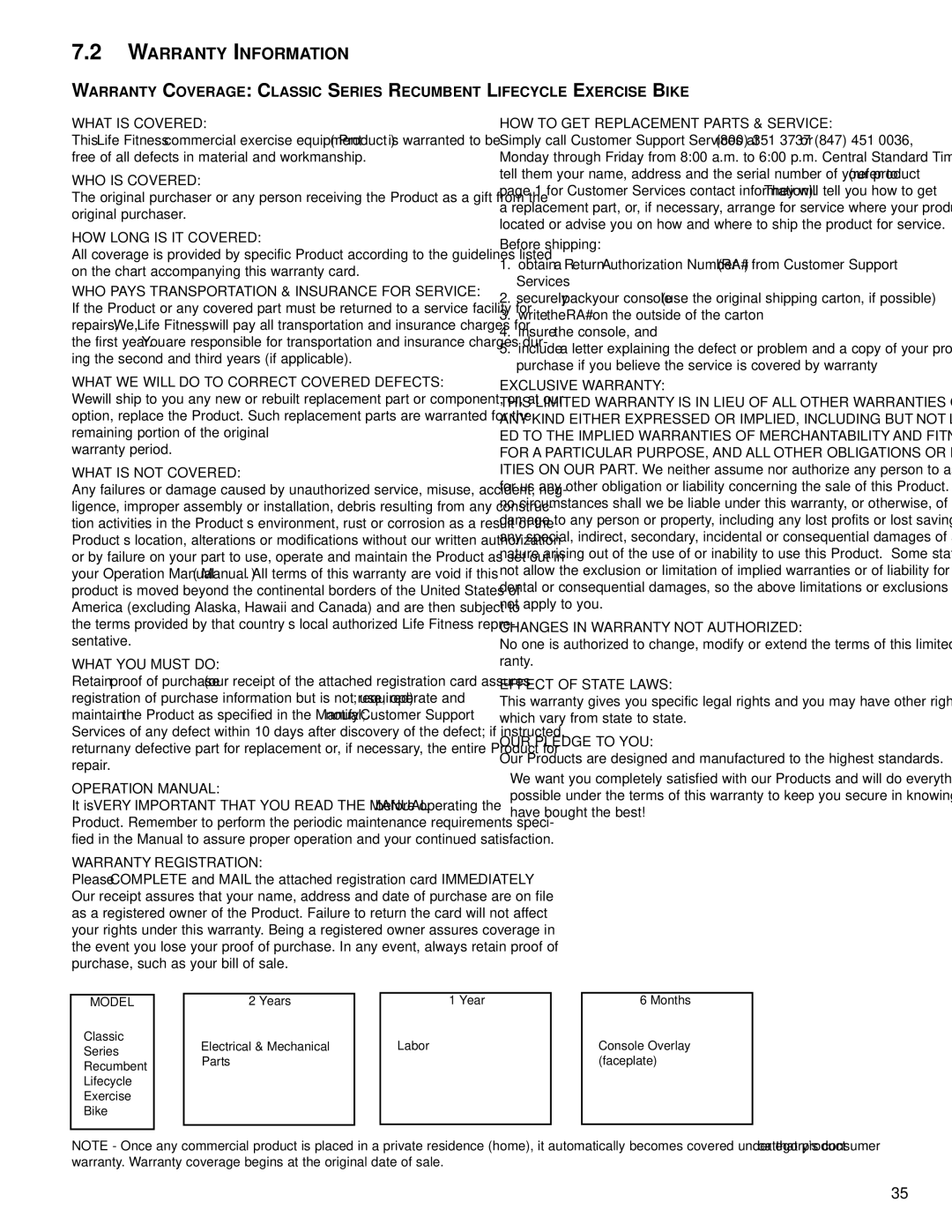 Life Fitness M051-00K39-A167 operation manual Warranty Information, WHO is Covered 