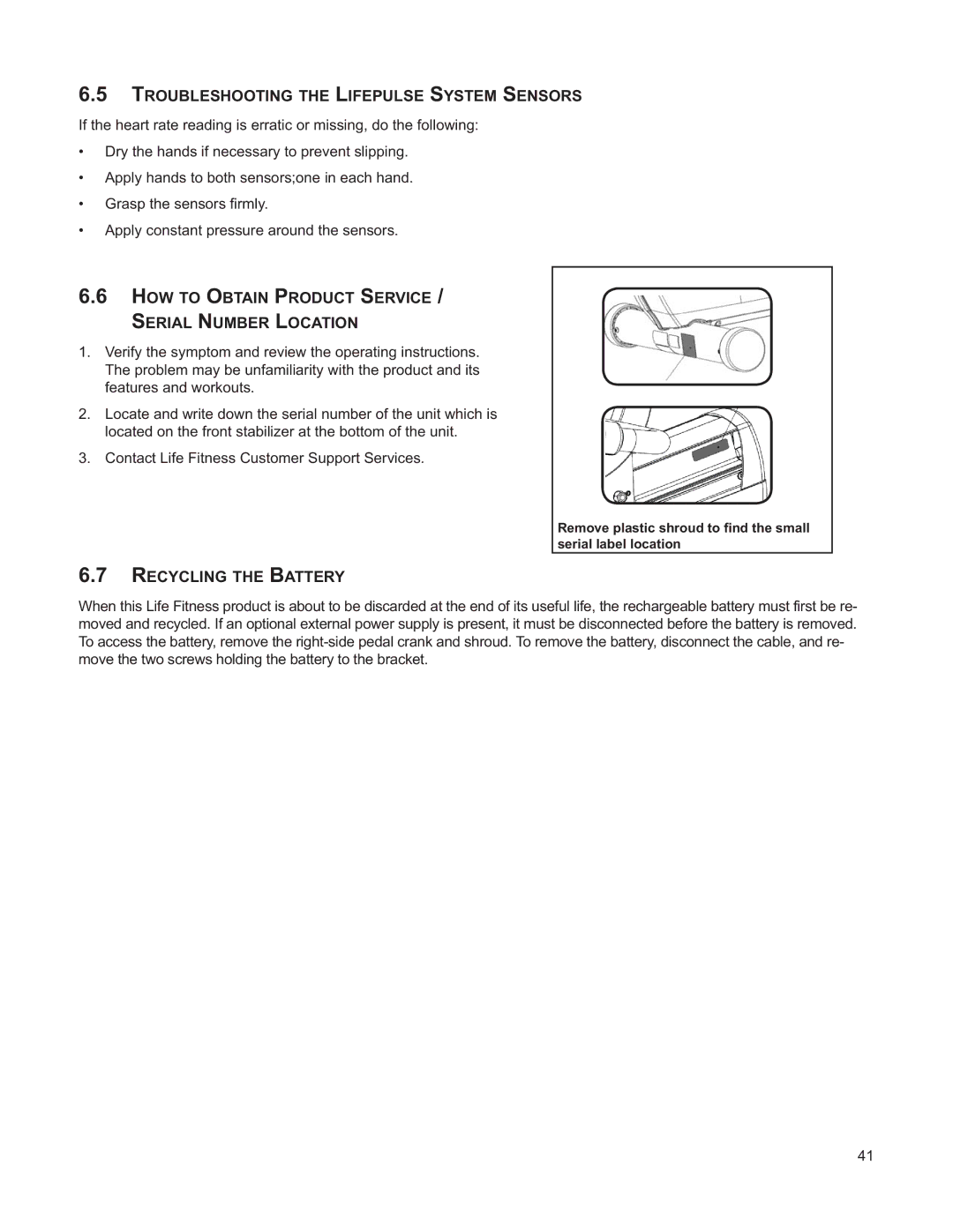 Life Fitness M051-00K39-A196 operation manual Troubleshooting the Lifepulse System Sensors, Recycling the Battery 