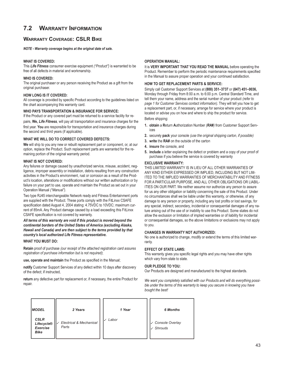 Life Fitness M051-00K39-A196 operation manual Warranty Information, Warranty Coverage Cslr Bike What is Covered 