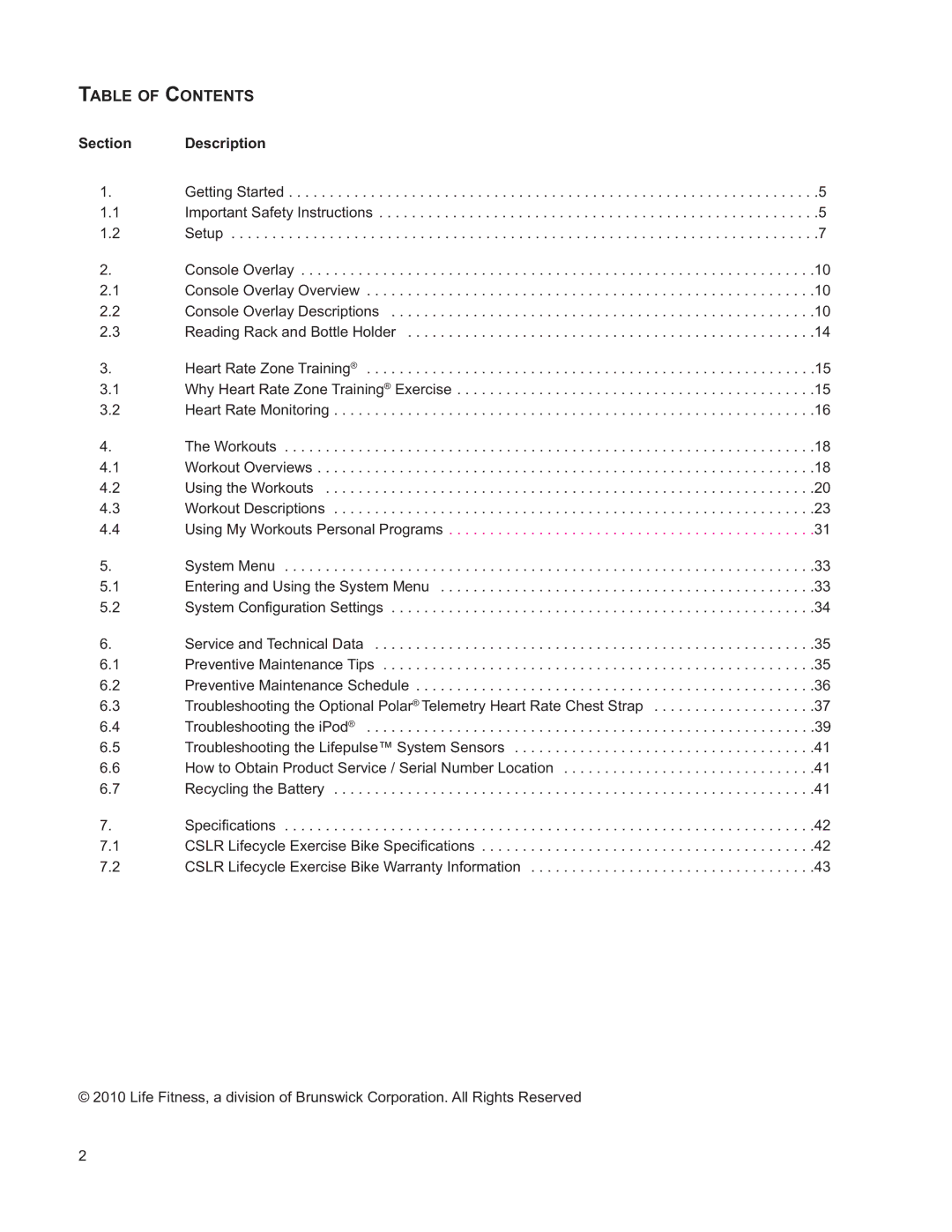 Life Fitness M051-00K39-A196 operation manual Table of Contents 