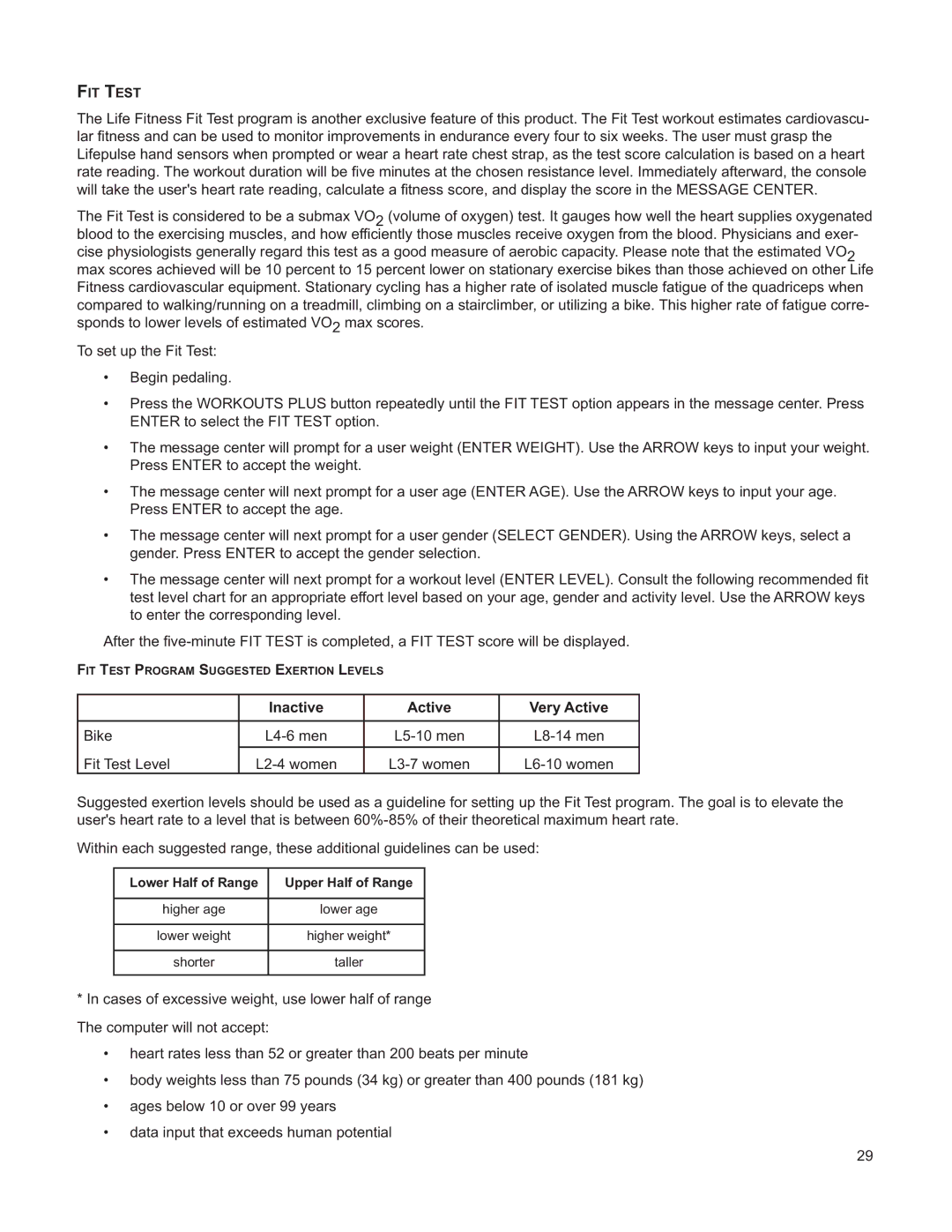 Life Fitness M051-00K39-A196 operation manual Inactive Active Very Active 