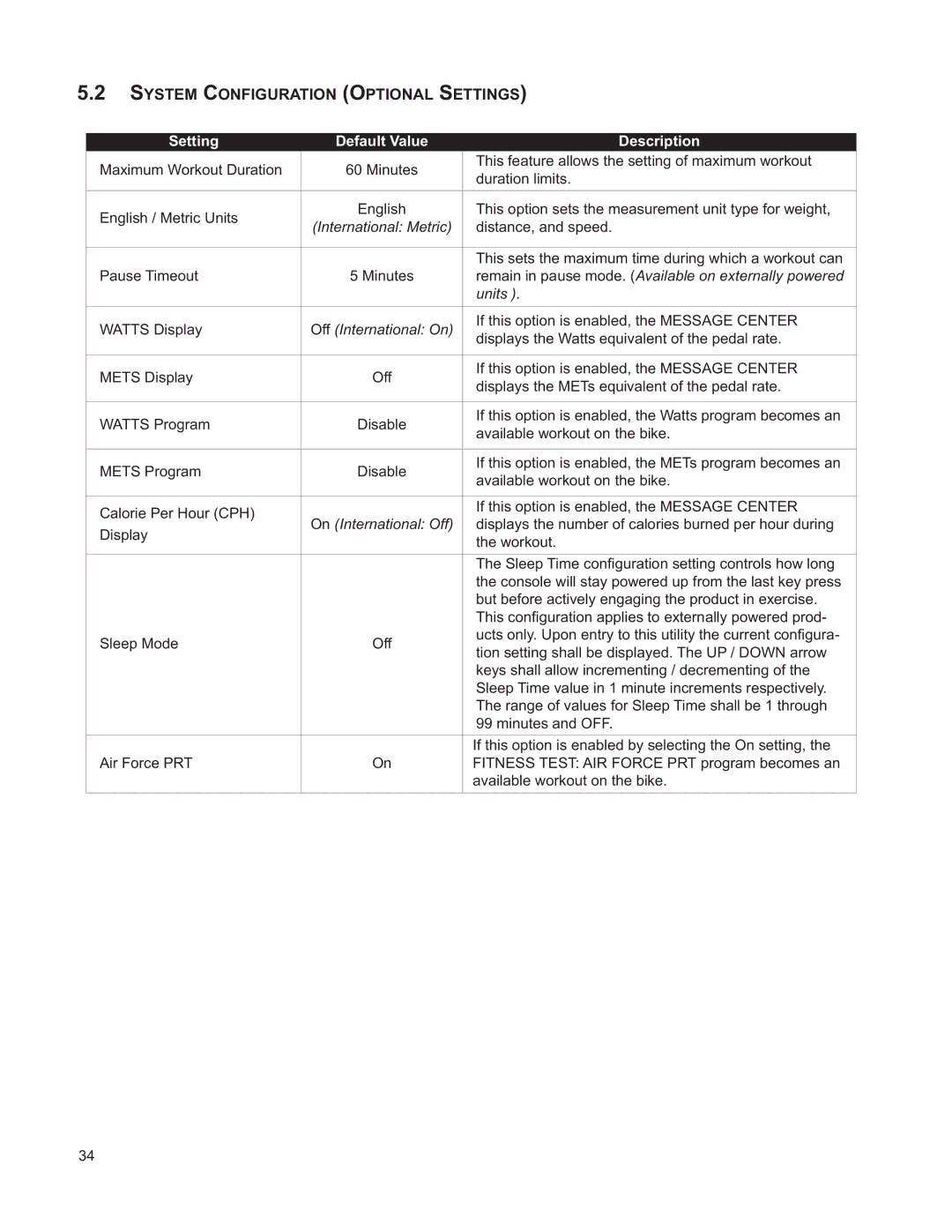 Life Fitness M051-00K39-A196 operation manual System Configuration Optional Settings, Setting Default Value Description 