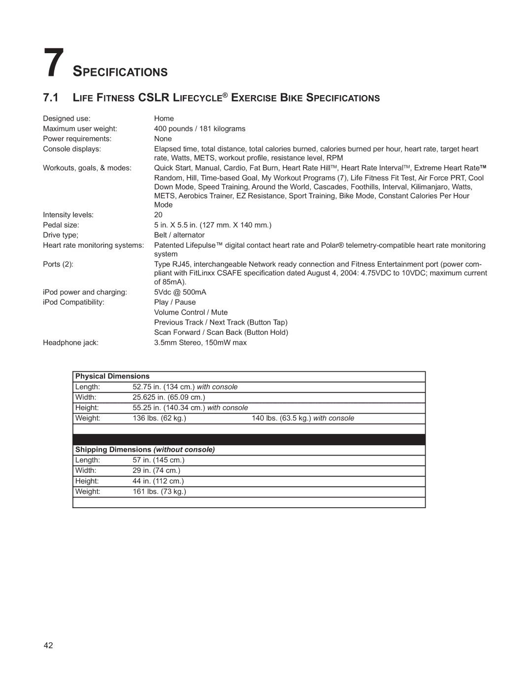 Life Fitness M051-00K39-A196 operation manual Life Fitness Cslr Lifecycle Exercise Bike Specifications 