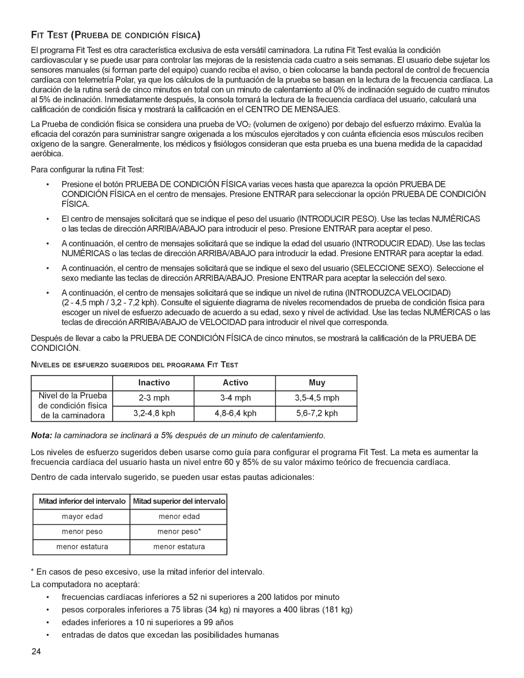 Life Fitness M051-00K58-A385 manual Inactivo Activo Muy, Fit teSt PRUeBA de CondiCiÓn FíSiCA 