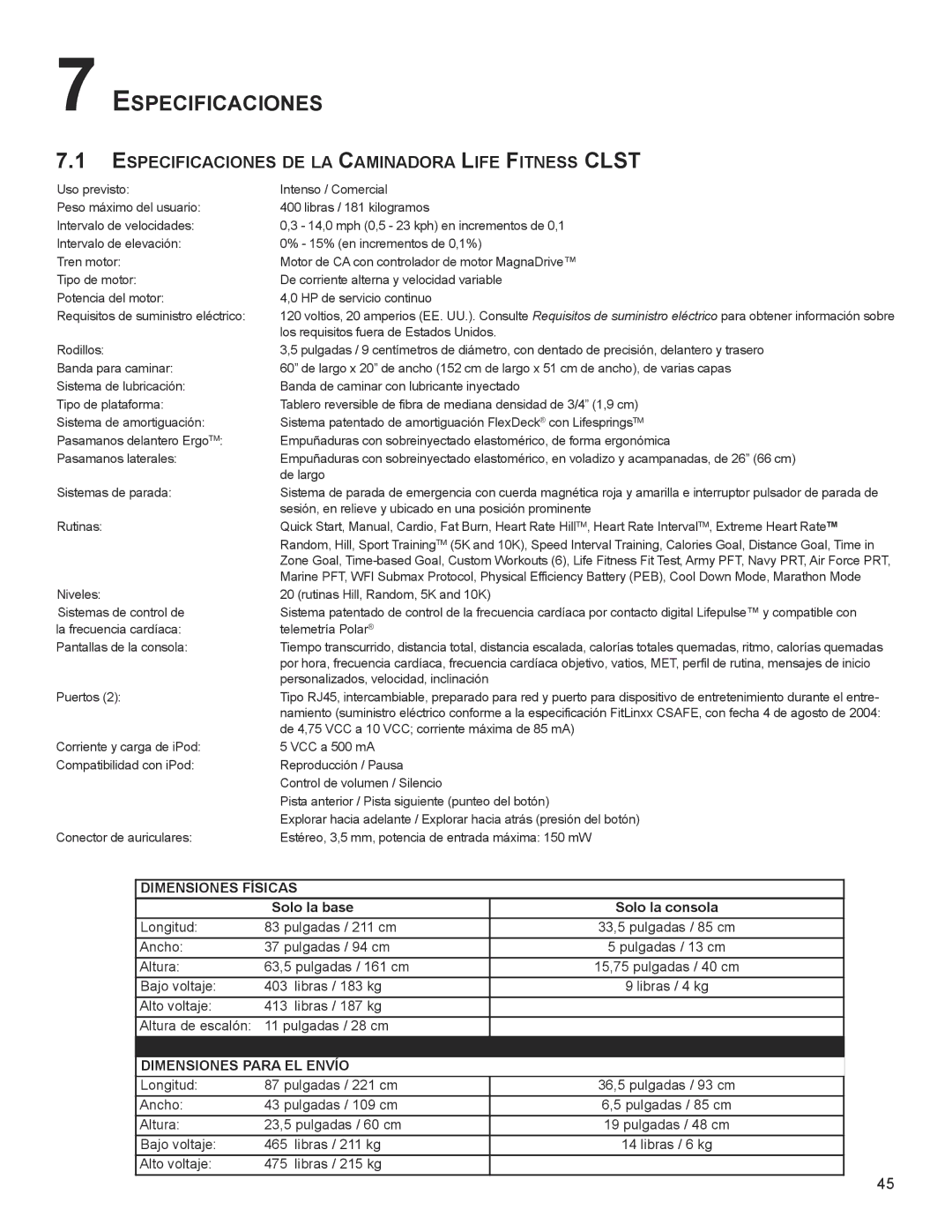 Life Fitness M051-00K58-A385 manual ESPeCiFiCACioneS de LA CAminAdoRA LiFe FitneSS CLSt 