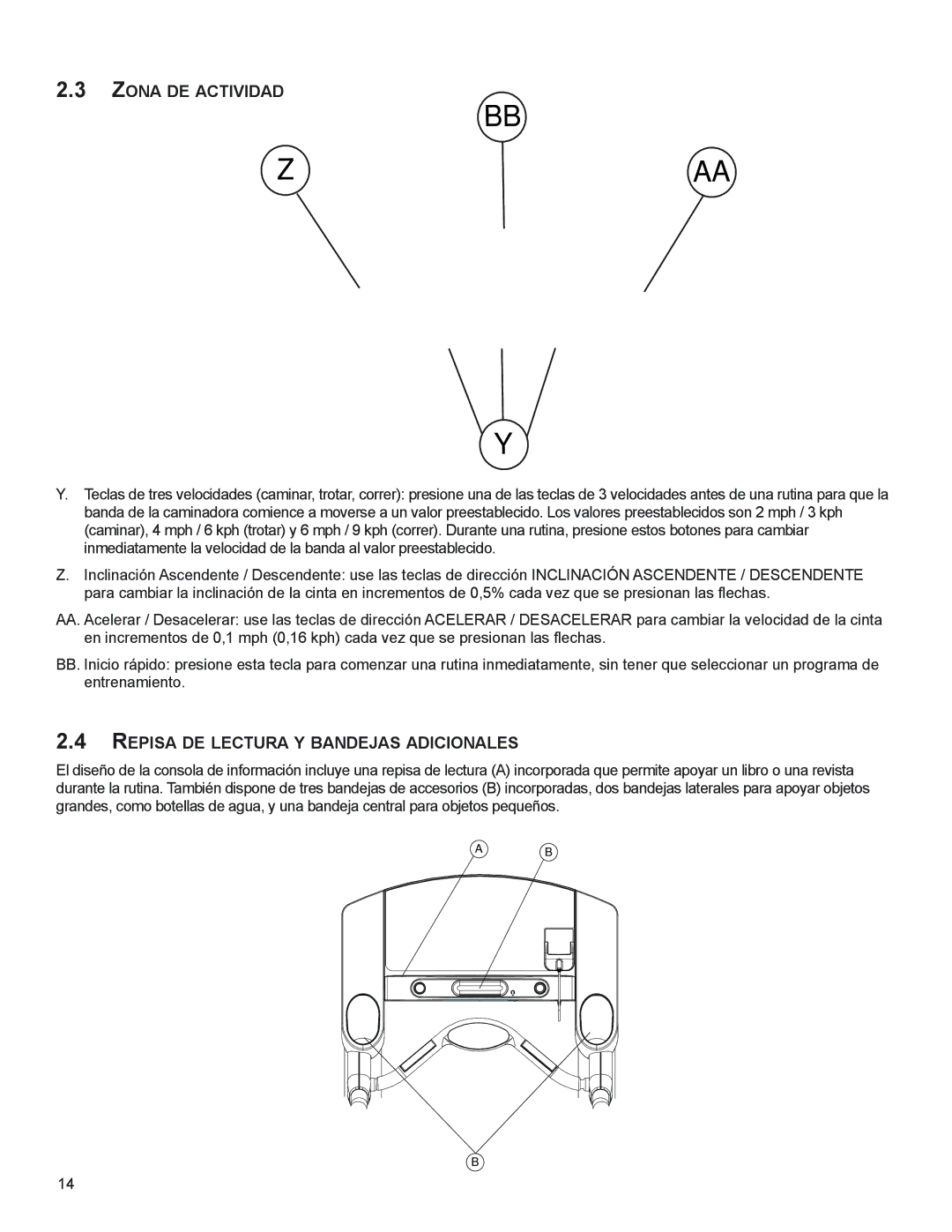 Life Fitness M051-00K58-A394 manual ZonA de ACtiVidAd, RePiSA de LeCtURA y BAndejAS AdiCionALeS 