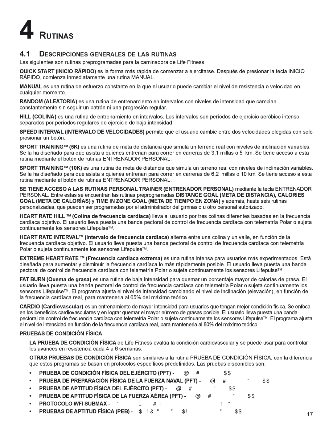 Life Fitness M051-00K58-A394 manual DeSCRiPCioneS geneRALeS de LAS RUtinAS, PRUeBAS de CondiCiÓn FíSiCA 