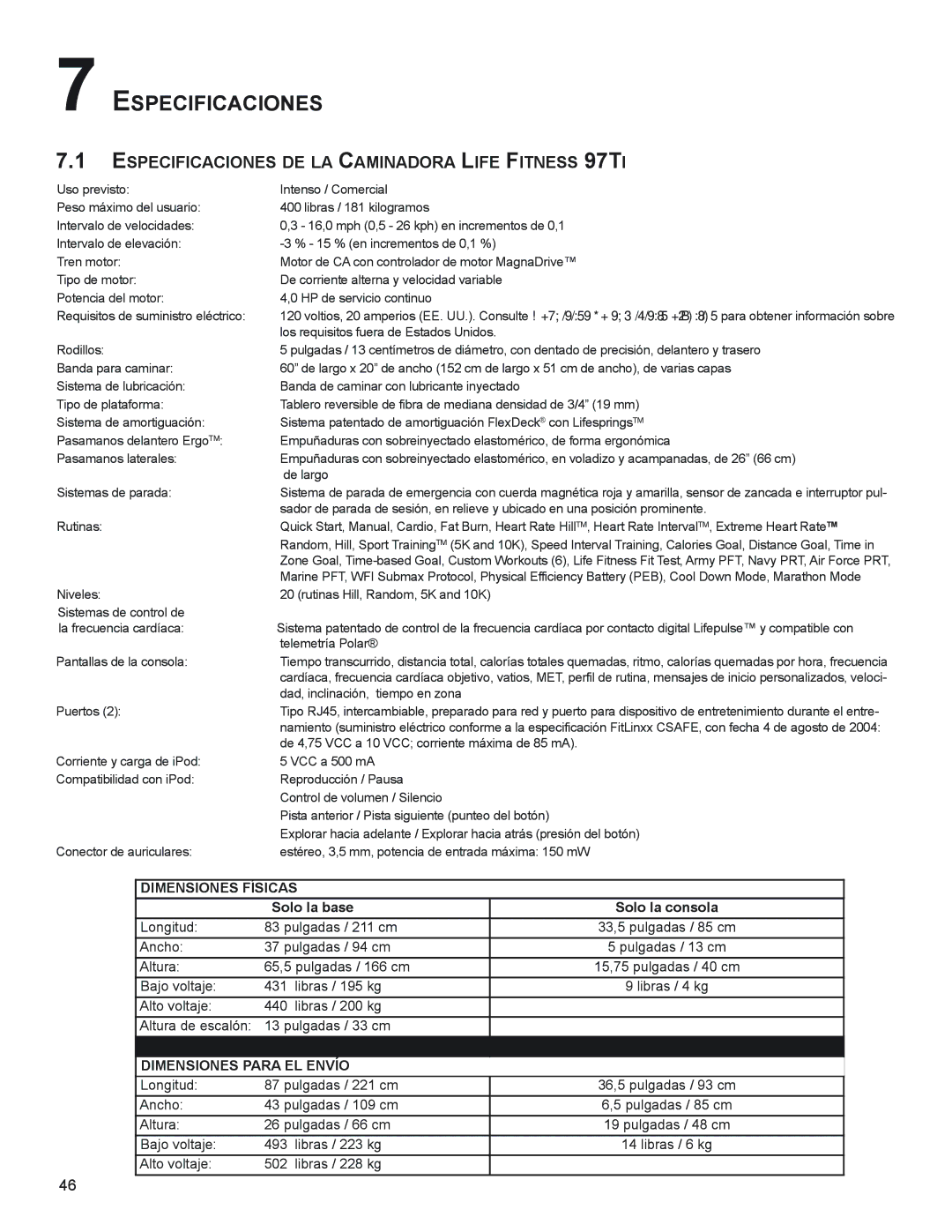 Life Fitness M051-00K58-A394 manual ESPeCiFiCACioneS de LA CAminAdoRA LiFe FitneSS 97ti 