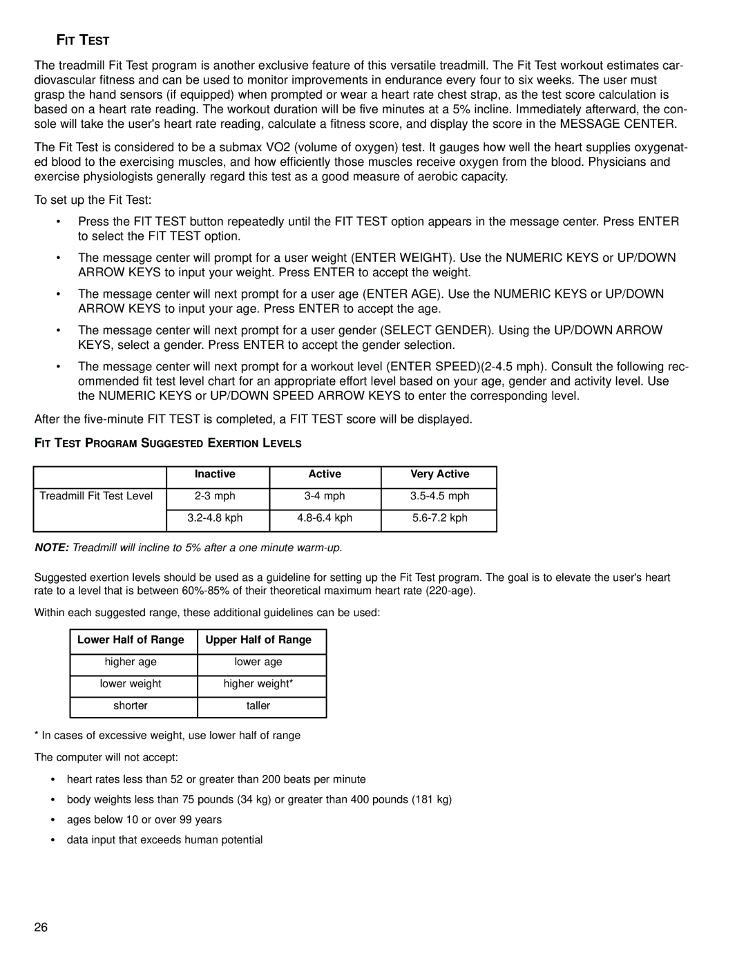 Life Fitness M051-00K58-C362 operation manual FIT Test, Inactive Active Very Active 