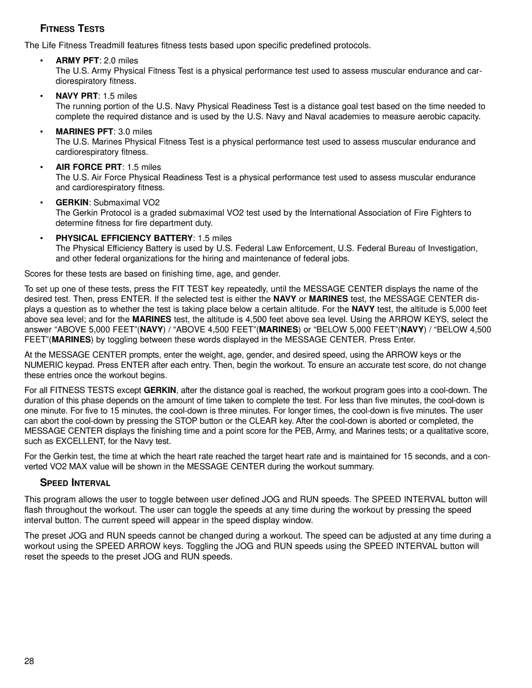 Life Fitness M051-00K58-C362 operation manual Fitness Tests, Speed Interval 