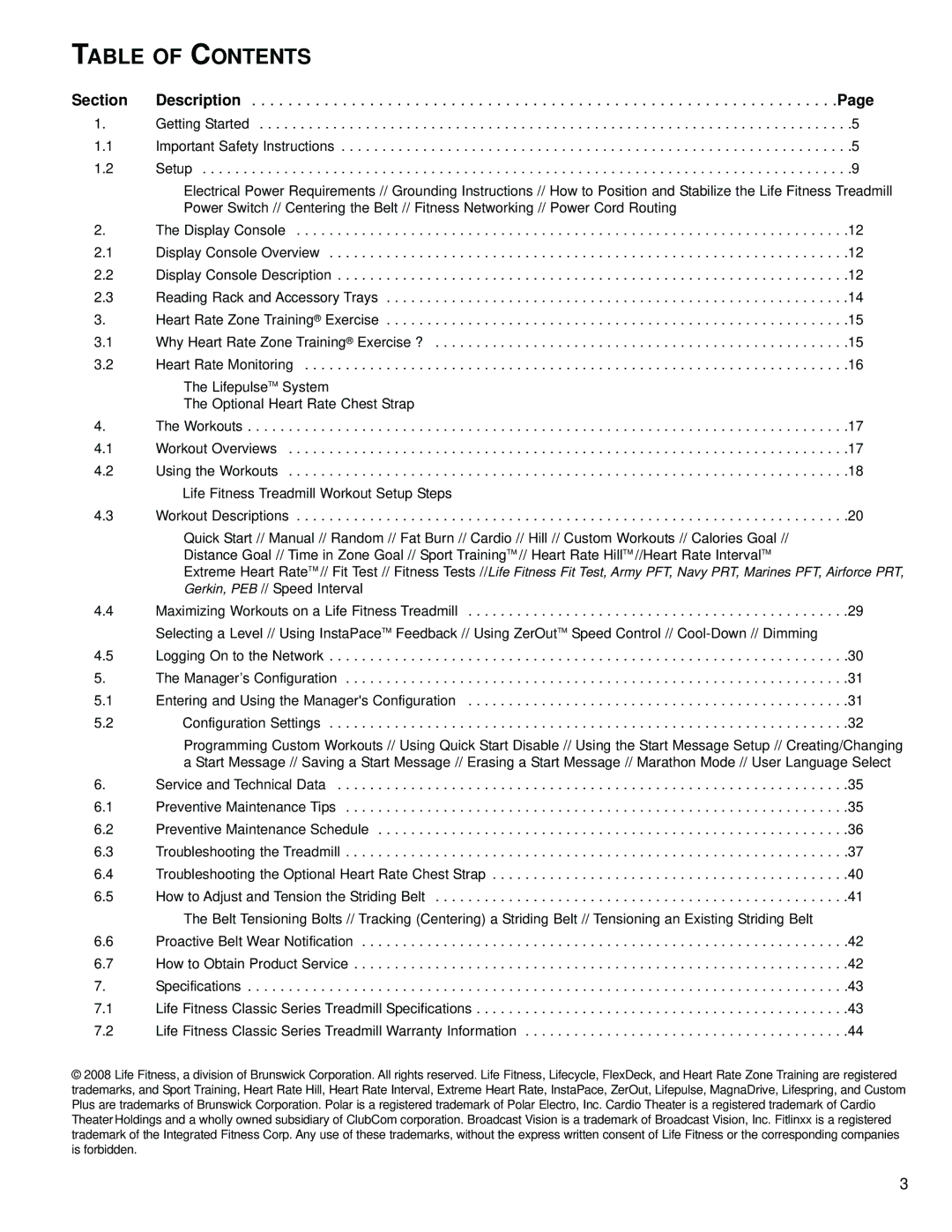 Life Fitness M051-00K58-C362 operation manual Table of Contents 