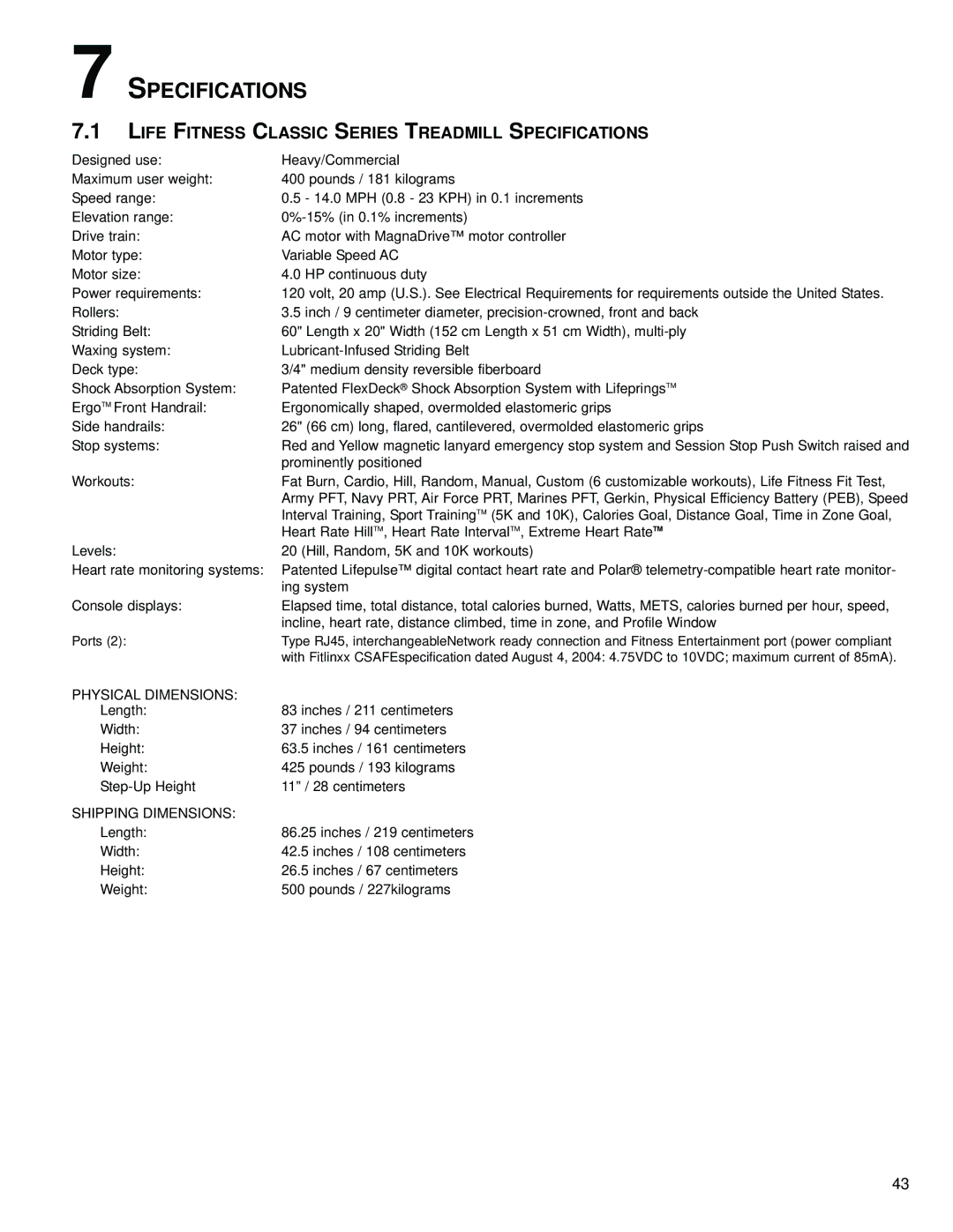 Life Fitness M051-00K58-C362 operation manual Life Fitness Classic Series Treadmill Specifications 