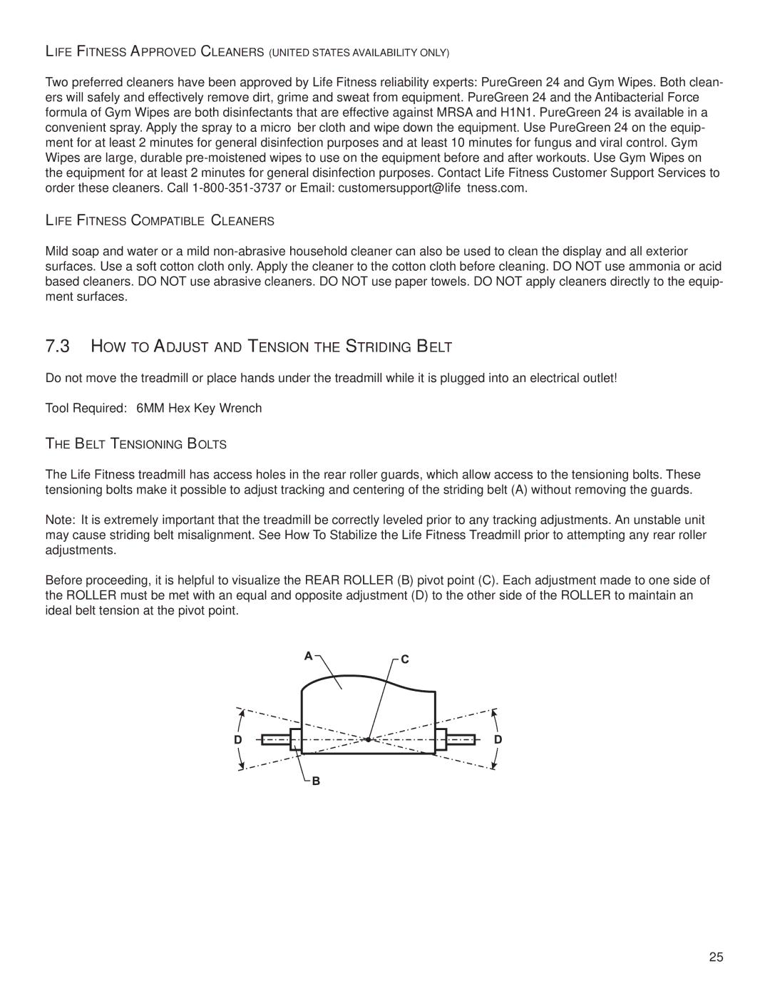 Life Fitness M051-00K59-0011 REV A owner manual HOW to Adjust and Tension the Striding Belt 