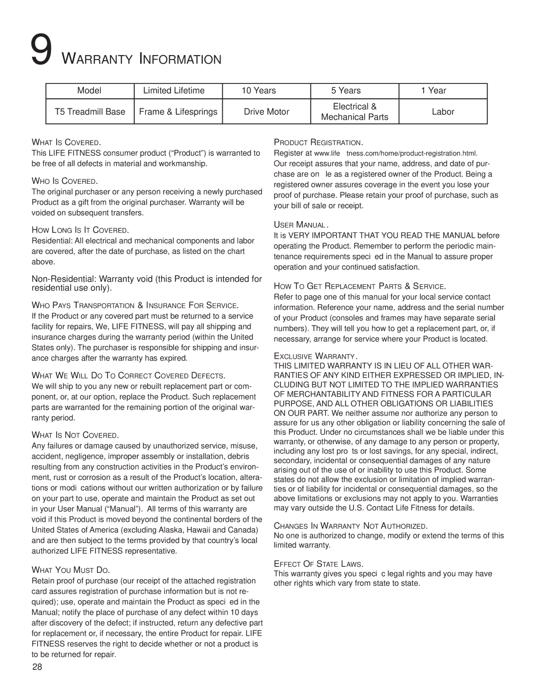 Life Fitness M051-00K59-0011 REV A owner manual Warranty Information, Model Limited Lifetime Years 