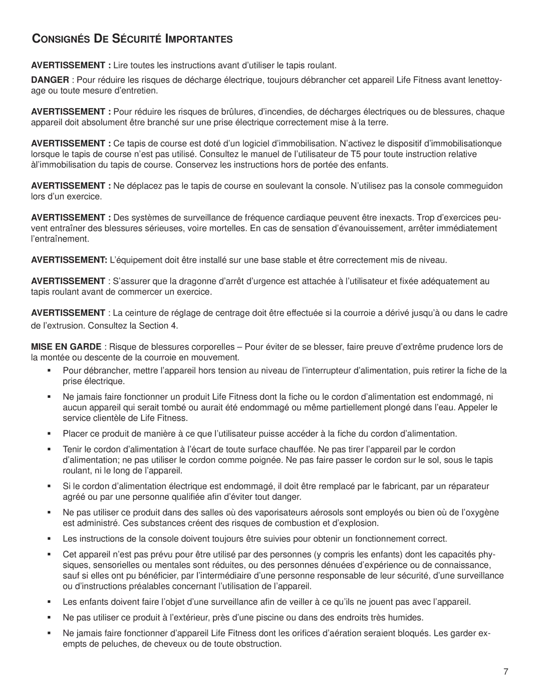 Life Fitness M051-00K59-0011 REV A owner manual Consignés DE Sécurité Importantes 