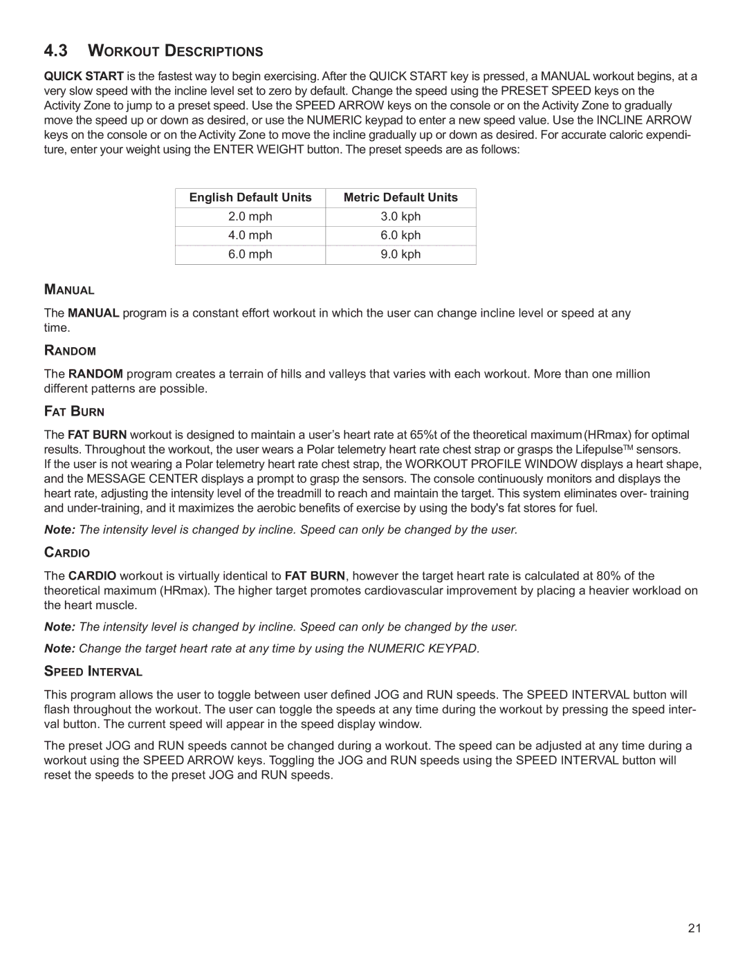 Life Fitness M051-00K60-B098 operation manual Workout Descriptions, English Default Units Metric Default Units 