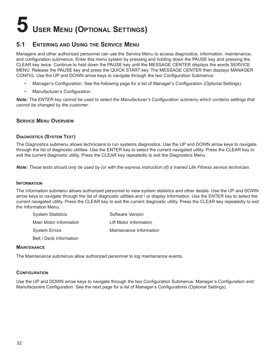 Life Fitness M051-00K60-B098 operation manual User Menu Optional Settings, Entering and Using the Service Menu 